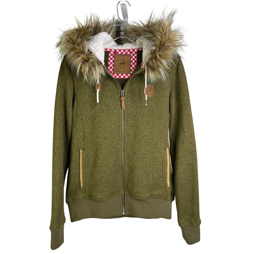 Alprausch Jacket‎ Womens L Olive Green Faux Fur Hoodie Euro hiking Swiss Made
